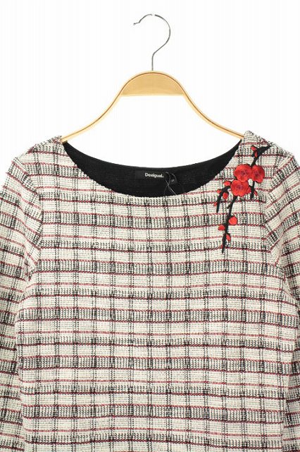 デシグアル Desigual ワンピース 七分袖 フレア ミニ チェック 刺繍 ラウンドネック S 白 黒 赤 Os Sh レディース 170 ベクトルパーク