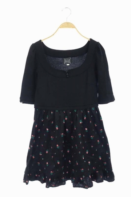 シンシアローリー Cynthia Rowley 刺繍ワンピース ドッキング ミニ 五分袖 花柄 2 黒 赤 緑 Es Os レディース 170 ベクトルパーク