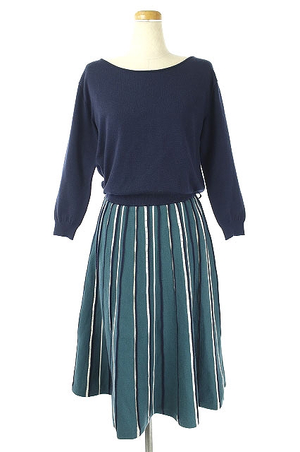 アプワイザーリッシェ Apuweiser Riche 18aw マルチストライプ切替ニットワンピース ロング 長袖 1 紺 緑 Kn Os レディース 170 ベクトルパーク