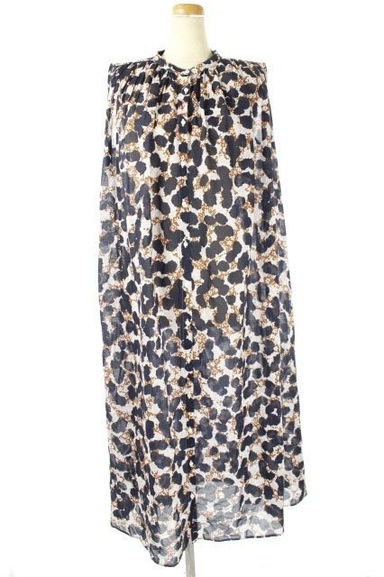 ユニ Yuni 19ss 総柄ノーカラーシャツワンピース ノースリーブ Aライン ロング ギャザー F 紺 紫 茶 Os レディース 170 ベクトルパーク