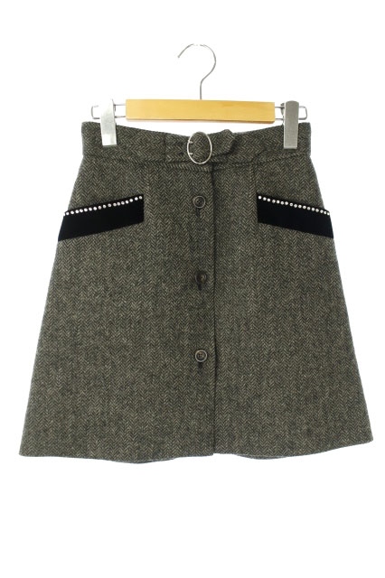 ミュウミュウ miumiu 19SS ビジュー装飾スカート 台形 ヘリンボーン柄  