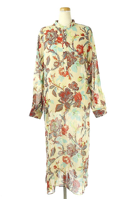 ソレイアード Souleiado ss コットンボイル Iラインワンピース 長袖 ロング 花柄 バンドカラー 36 ベージュ Os レディース 170 ベクトルパーク