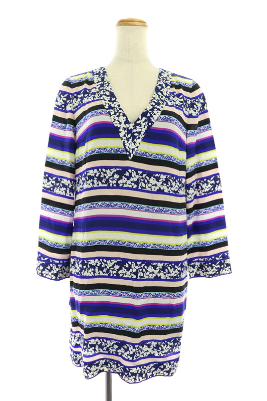 ダイアンフォンファステンバーグ Diane Von Furstenberg 総柄ボーダーシルクワンピース 長袖 膝丈 2 マルチカラー Ao Os レディース 170 ベクトルパーク