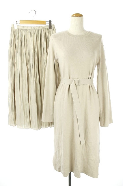 ミラオーウェン Mila Owen 19aw レイヤードニット ワンピース 2点セット 長袖 サイドスリット ベルト付き スカート ギャザー ロング クルーネック 0 ライトベージュ Os レディース 170 ベクトルパーク