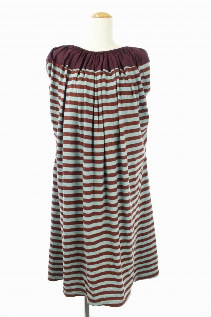 ヴィヴィアンウエストウッドレッドレーベル Vivienne Westwood Red Label リネン混ワンピース ノースリーブ ギャザー 変形 膝丈 ボーダー M 紫 ボルドー ミントグリーン Os レディース 170 ベクトルパーク