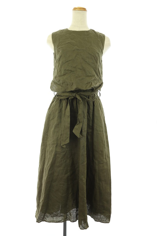 ミラオーウェン Mila Owen 18ss リネンワンピース ロング ウエストリボン付き ノースリーブ 0 緑 カーキ Kn Os レディース 170 ベクトルパーク