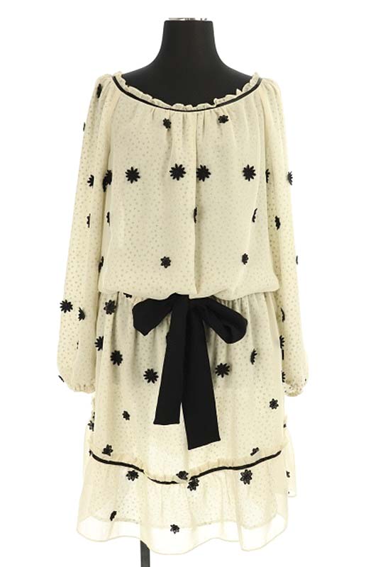 トッカ Tocca 総柄ドット柄ワンピース ひざ丈 シフォン ベルト付き 長袖 2 白 オフホワイト 黒 Kn Os レディース 170 ベクトルパーク