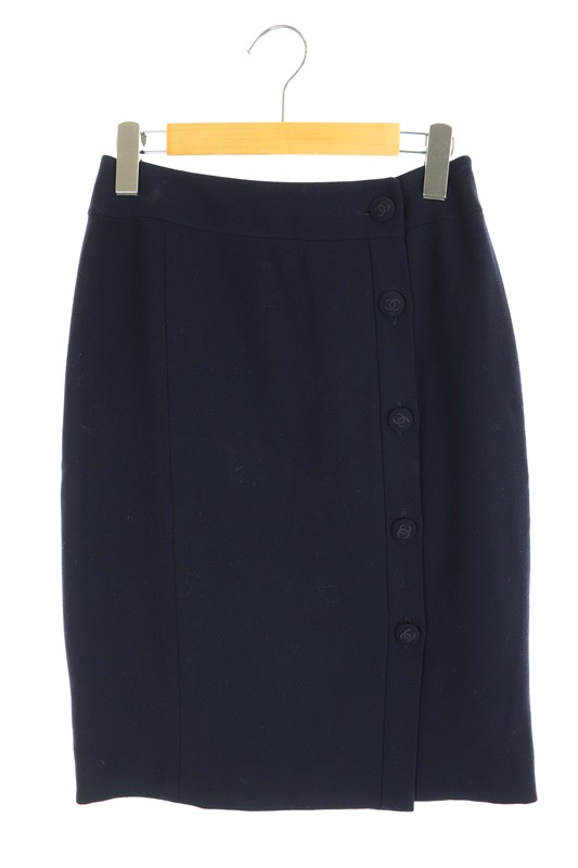 シャネル CHANEL ココマークボタンラップスカート 膝丈 タイト ウール  