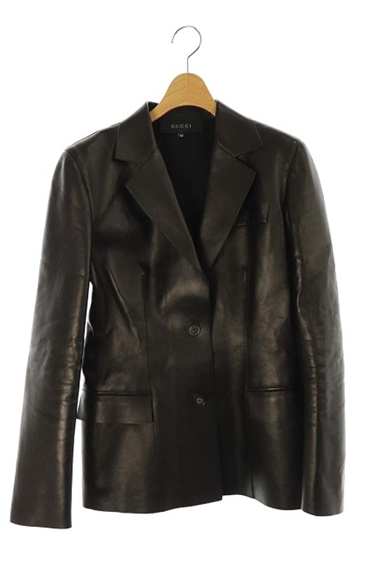 グッチ GUCCI レザージャケット テーラード 牛革 2B 42 茶 ダーク 