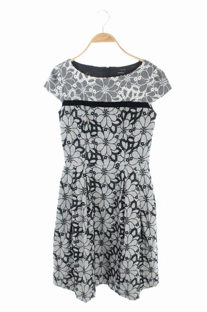 トッカ Tocca フラワー刺繍 ワンピース フレンチスリーブ フレア タック 膝丈 ヘリンボーン ラウンドネック 00 グレー 黒 白 Os レディース 170 ベクトルパーク
