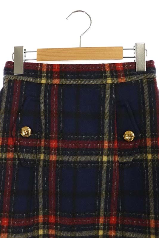 ミュウミュウ miumiu 金ボタンチェックスカート ミニ 台形 36 紺 赤  