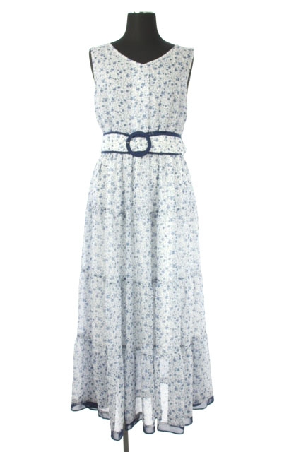 ジャスグリッティー Jusglitty 19ss 配色ライン マキシワンピース ノースリーブ フレア ロング 花柄 ベルト付き Vネック 2 青 白 Os レディース 170 ベクトルパーク