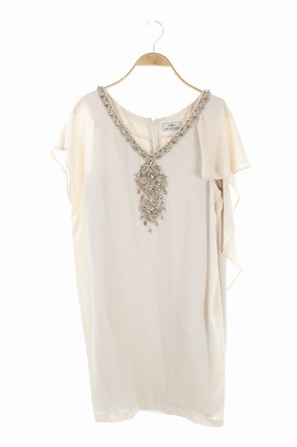 グレースコンチネンタル Grace Continental シフォン ビジュー ワンピース ドレス 半袖 フレアスリーブ タイト ミニ Vネック 38 ベージュ Os レディース 170 ベクトルパーク