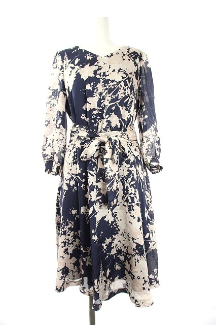 ストロベリーフィールズ Strawberry Fields 膝丈花柄ワンピース 七分袖 シフォン リボン 2 紺 ピンク Df Os レディース 170 ベクトルパーク