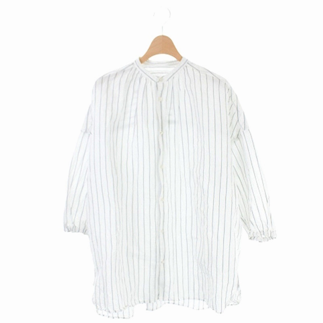 ユニヴァーサルセブン Universal Seven ストライプリネンノーカラーブラウス チュニック 長袖 白 Kn Os レディース 170 ベクトルパーク