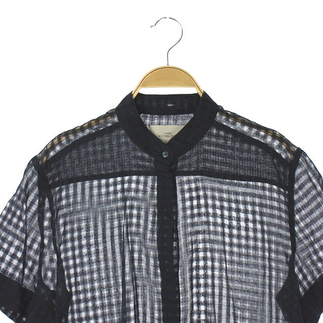 スタジオニコルソン Studio Nicholson 半袖 チェック柄 シースルー ブラウス シャツ バンドカラー 1 紺 ネイビー Es Os レディース 170 ベクトルパーク