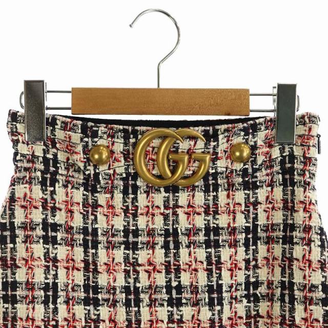 グッチ GUCCI GGバックル ツイードスカート 台形 膝丈 36 白 紺 赤 /AA  