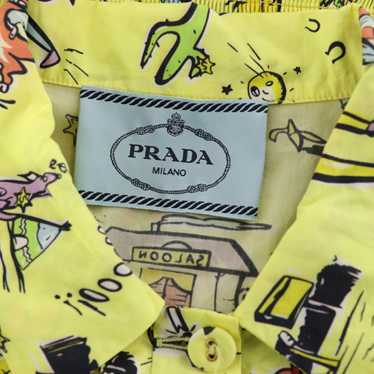プラダ PRADA 総柄 フレンチスリーブ ギャザーミモレ丈ワンピース 