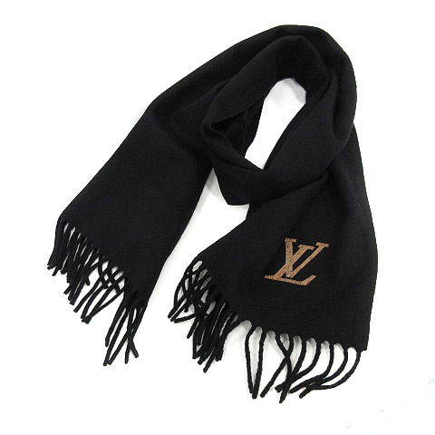 超美✨ヴィトン マフラー エシャルプ バローダ カシミヤ100% LVロゴ 黒  