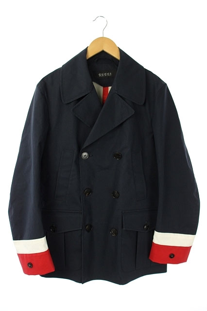 グッチ GUCCI コーティングコットンPコート ダブル 44 紺 白 赤 /HK  