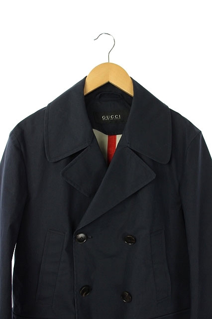 グッチ GUCCI コーティングコットンPコート ダブル 44 紺 白 赤 /HK  