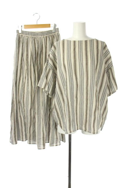 ルグラジック Le Glazik ss セットアップ 上下 ストライプ ブラウス 半袖 プルオーバー クルーネック ロングスカート フレア ギャザー 36 ベージュ 白 茶 Os レディース 170 ベクトルパーク