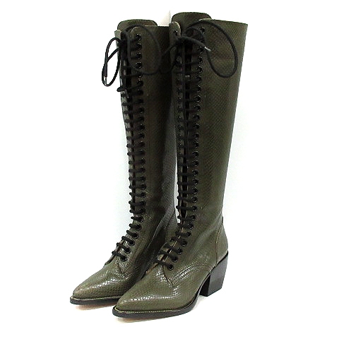 クロエ CHLOE ブーツ ロング レースアップ パイソン型押し レザー 37 