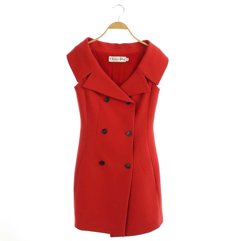 クリスチャンディオール Christian Dior ウールシルクダブルボタンベスト ジレ ロング ノースリーブコート 42 赤 レッド Df Os レディース 170 ベクトルパーク