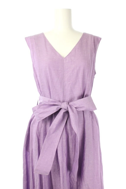 ザヴァージニア The Virgnia カラーリネンワンピース ロング ノースリーブ フレア Vネック ウエストリボン付き 38 紫 ラベンダー Es Os Sh レディース 170 ベクトルパーク