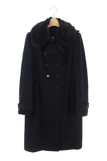 BURBERRYLONDONロングコートフォックスファー黒ブラック