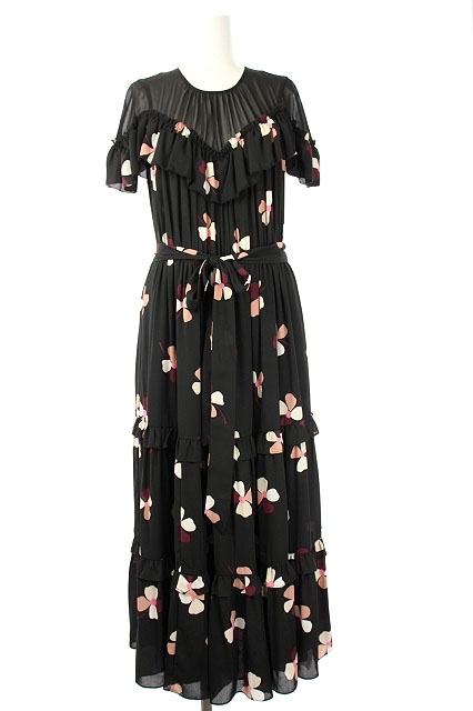 ケイトスペード Kate Spade ベルト付フラワーワンピース ロング ティアード 半袖 2 黒 ブラック Df Os レディース 170 ベクトルパーク