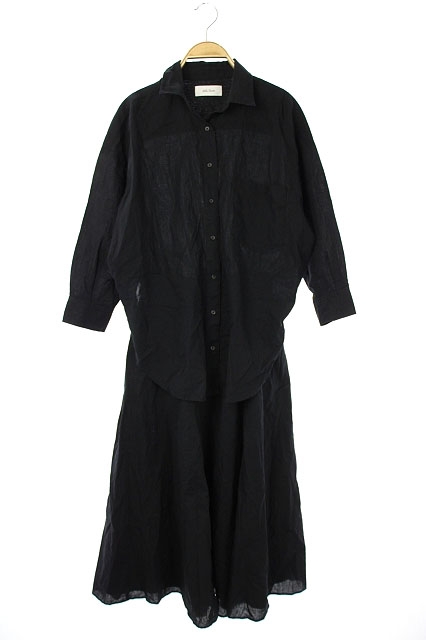 ミラオーウェン Mila Owen フレアシャツワンピース 切替 ストライプ織り ロング 七分袖 F 黒 Kn Os レディース 170 ベクトルパーク