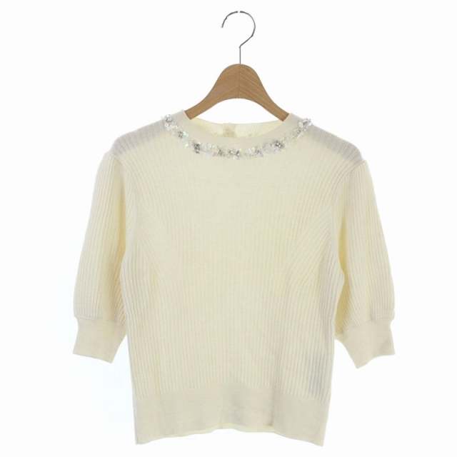 ジルスチュアート Jill Stuart ビジュー ニット セーター 五分袖 プルオーバー スパンコール クルーネック M オフホワイト Os レディース 170 ベクトルパーク