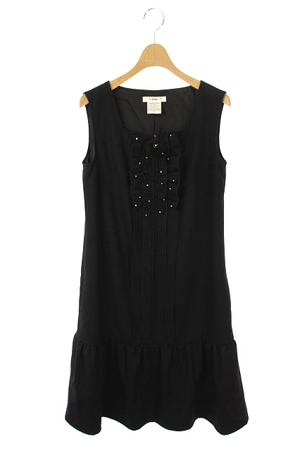 ルネ Rene フロントフリル ジップ ワンピース ノースリーブ ギャザー 膝丈 ビジュー装飾 スクエアネック 34 黒 Os レディース 170 ベクトルパーク