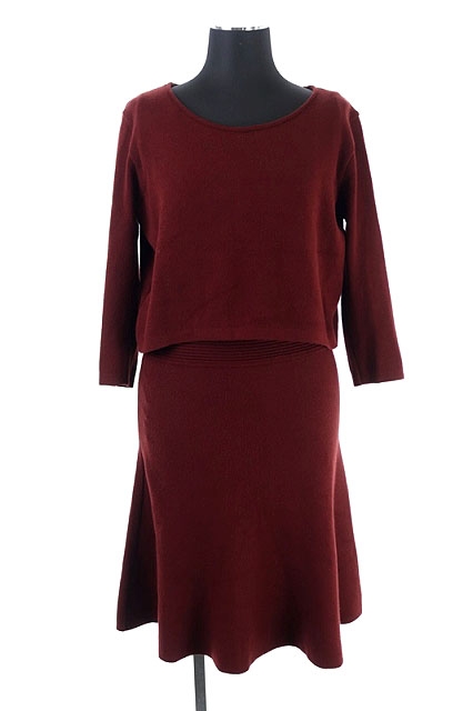 グレースコンチネンタル Grace Continental 変形 ニットワンピース 七分袖 フレア 膝丈 クルーネック 36 ワインレッド Os レディース 170 ベクトルパーク