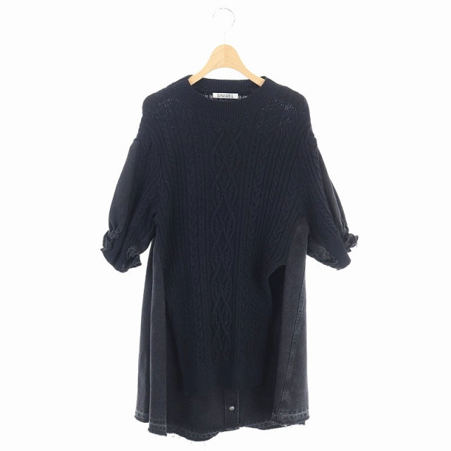 スナイデル Snidel 19ss ニット デニムワンピース 膝丈 五分袖 切替 F 黒 ブラック Es Os レディース 170 ベクトルパーク