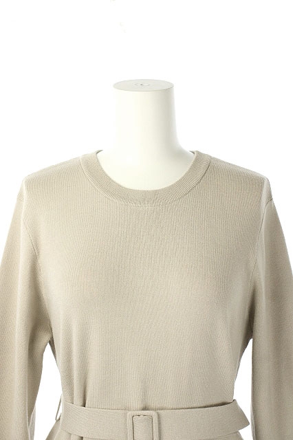 ミラオーウェン Mila Owen 19aw ニット ワンピース 長袖 台形 サイドスリット 膝丈 ベルト付き クルーネック 0 アイボリー Os レディース 170 ベクトルパーク