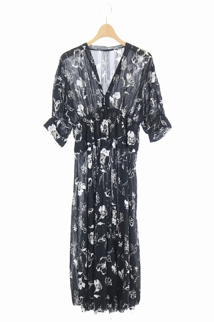 トゥデイフル Todayful 18ss 花柄 フラワー ワンピース 五分袖 フレア ロング フロントボタン 38 黒 白 Os レディース 170 ベクトルパーク