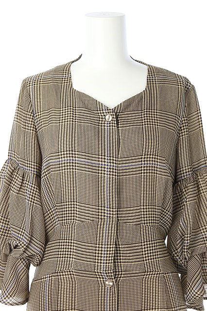 リリーブラウン Lily Brown グレンチェック フラワーワンピース シャツ フレア ロング パフスリーブ 七分袖 F 茶 ベージュ Hs Os レディース 170 ベクトルパーク