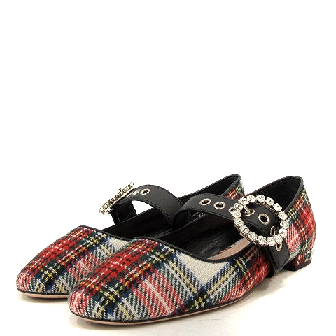 ミュウミュウ miumiu パンプス ローヒール ビジュー チェック柄 36 