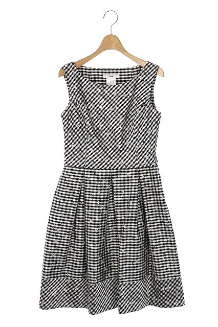 ルネ Rene チェック柄刺繍ノースリーブワンピース 膝丈 フレア タック 切替 36 黒 白 Es Os レディース 170 ベクトルパーク