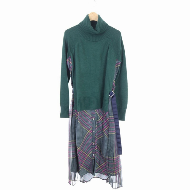 サカイ Sacai タートルネックチェックニットワンピース ロング 長袖 切替 3 緑 グレー マルチカラー Es Os レディース 170 ベクトルパーク