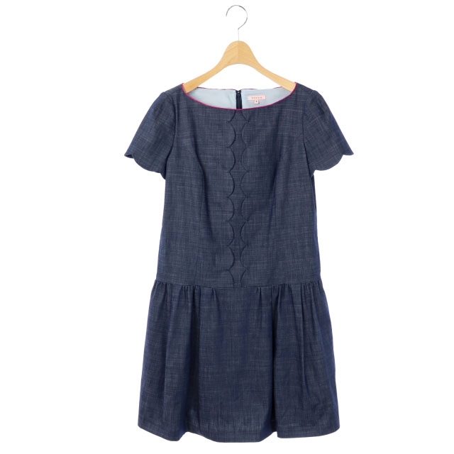 トッカ Tocca スカラップ デニム ワンピース 半袖 ギャザー フレア 膝丈 パイピング ラウンドネック 4 紺 ピンク Os レディース 170 ベクトルパーク