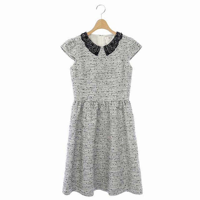 ルネ Rene ビジュー付き ツイードワンピース フレンチスリーブ ギャザー フレア 膝丈 レース クルーネック 34 白 黒 Os レディース 170 ベクトルパーク