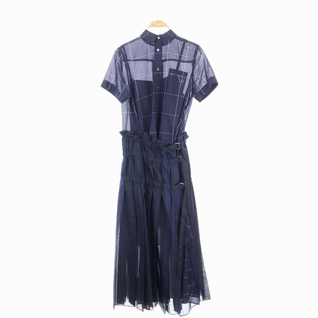 サカイ Sacai 18ss チェックアシンメトリーワンピース ロング 半袖 プリーツ インナー付き 1 紺 ネイビー Es Os レディース 170 ベクトルパーク