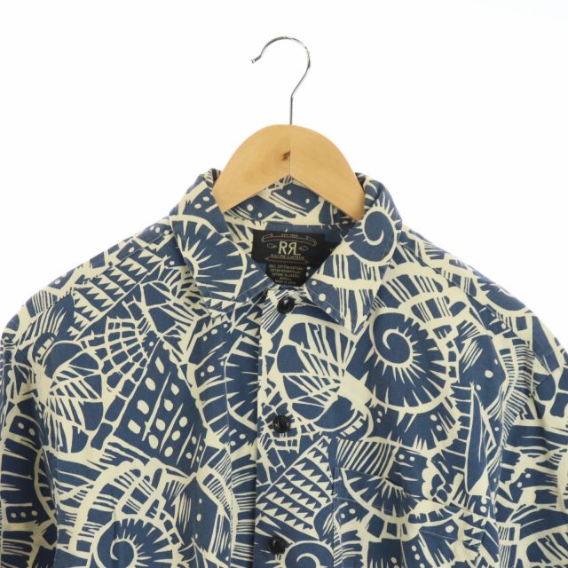 ダブルアールエル RRL 90S 総柄 半袖シャツ M 紺 ネイビー アイボリー 