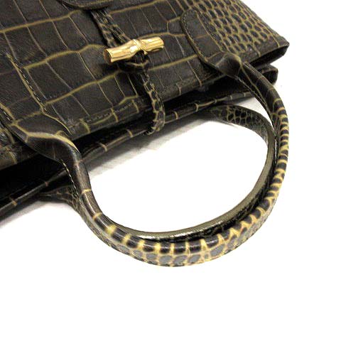 LONGCHAMP ブラックレザートートバッグ　クロコ型押し　袋付き ロンシャン LONGCHAMP バッグ トート ハンド レザー クロコ型