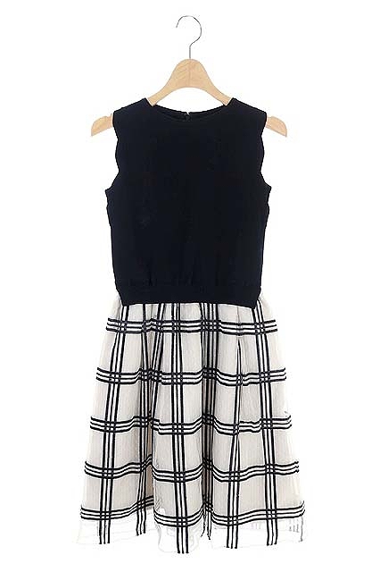 リランドチュール Rirandture 18aw ドットチュールチェック ドッキングワンピース ニット ノースリーブ フレア 膝丈 クルーネック 1 黒 ライトベージュ Os レディース 170 ベクトルパーク