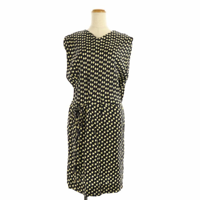 ダイアンフォンファステンバーグ Diane Von Furstenberg シルク 総柄 ワンピース ひざ丈 フレンチスリーブ 2 黒 黄色 白 Hs Os レディース 170 ベクトルパーク