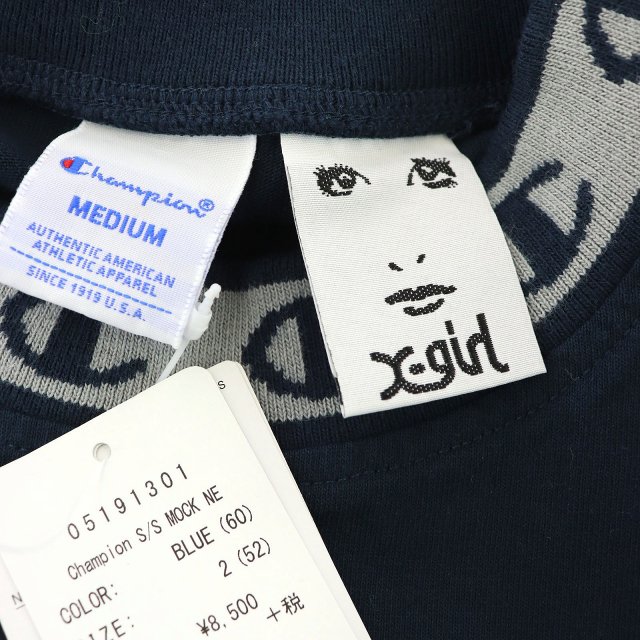 未使用品 エックスガール X Girl チャンピオン Champion コラボ 半袖 カットソー プルオーバー ワイド ショート ロゴ刺繍 クルーネック M 紺 Os レディース 170 ベクトルパーク